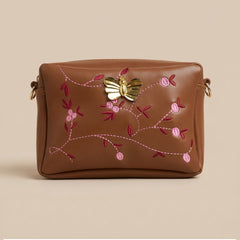Elegant Brown Embroidered Crossbody Bag
