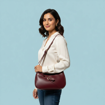 Chic Maroon Curved Shoulder Bag with Diagonal Buckle Detail