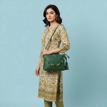 Trendy Emerald Green Textured Crossbody Bag with Chain Detail