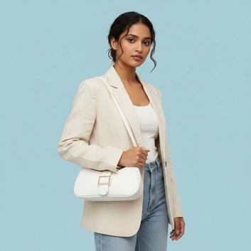 Elegant White Baguette Shoulder Bag with Gold Buckle