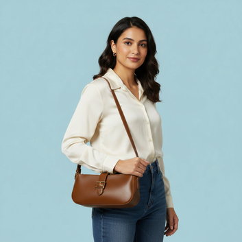 Classic Brown Baguette Shoulder Bag with Gold Buckle