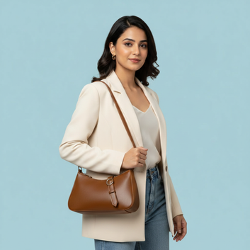 Chic Brown Curved Shoulder Bag with Round Buckle Detail