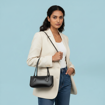 Minimalist Black Structured Shoulder Bag with Stitched Detail