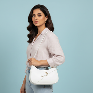 Chic White Curved Shoulder Bag with Diagonal Buckle Detail