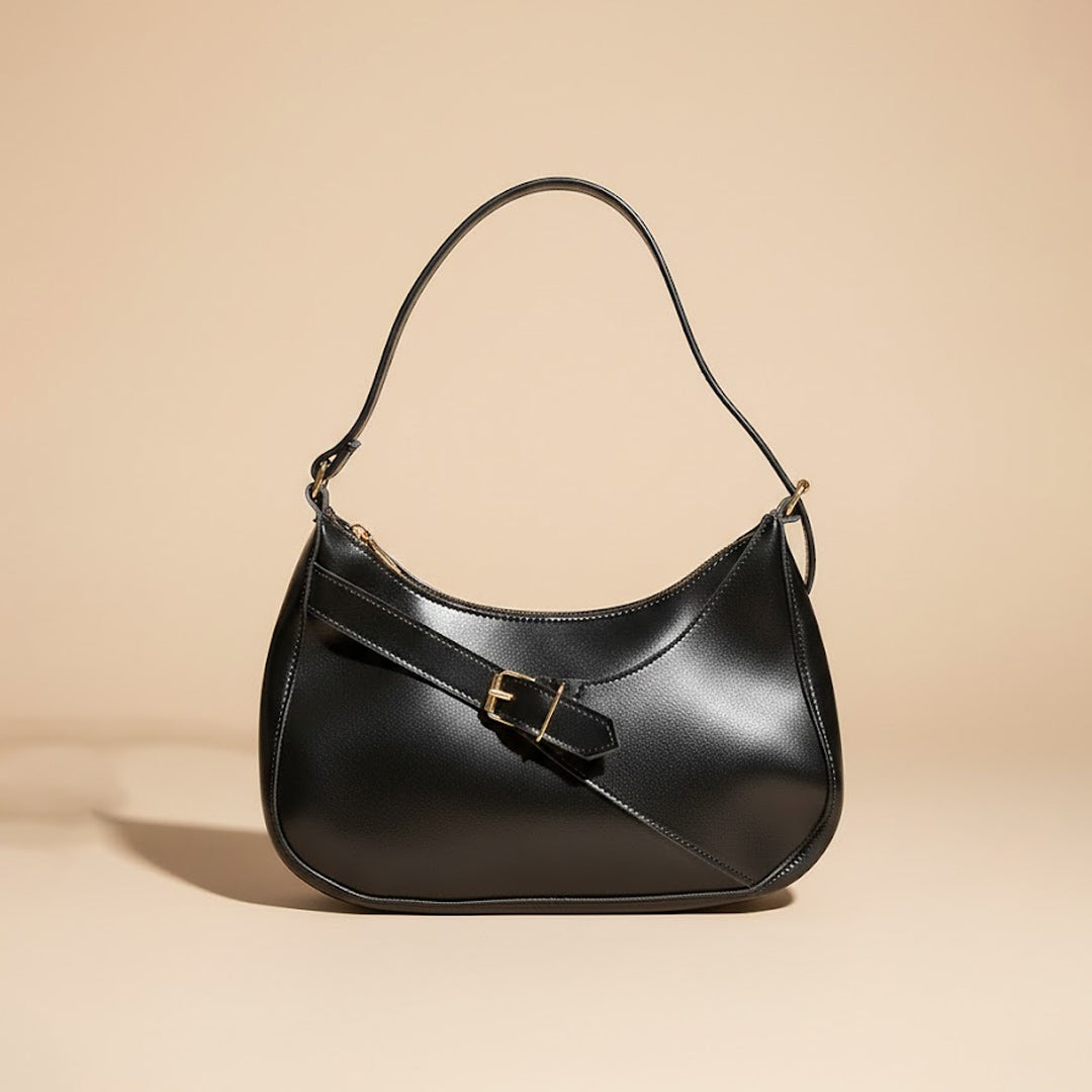 Sleek Black Handbag with Gold Buckle