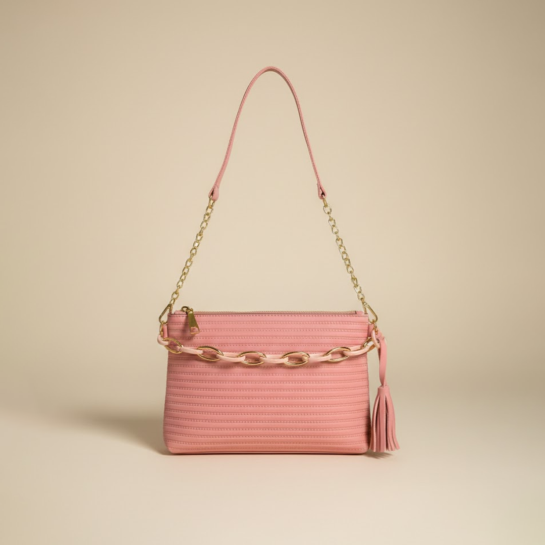 Trendy Pink Tassel & Chain-Detail Clutch