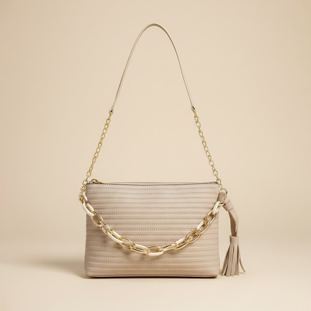 Elegant Beige Handbag with Gold Chain