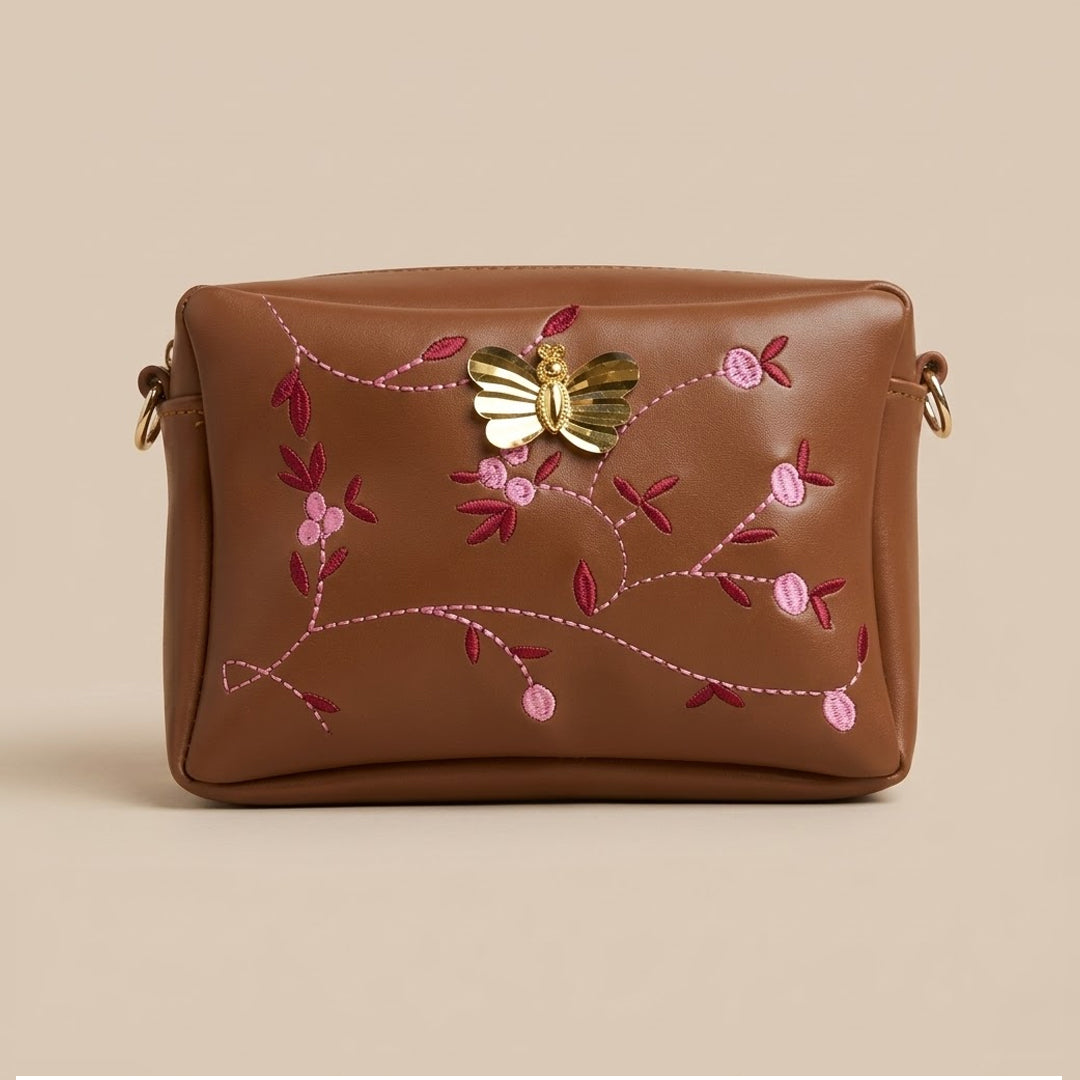 Elegant Brown Embroidered Crossbody Bag