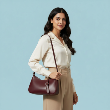 Chic Maroon Curved Shoulder Bag with Front Buckle Detail